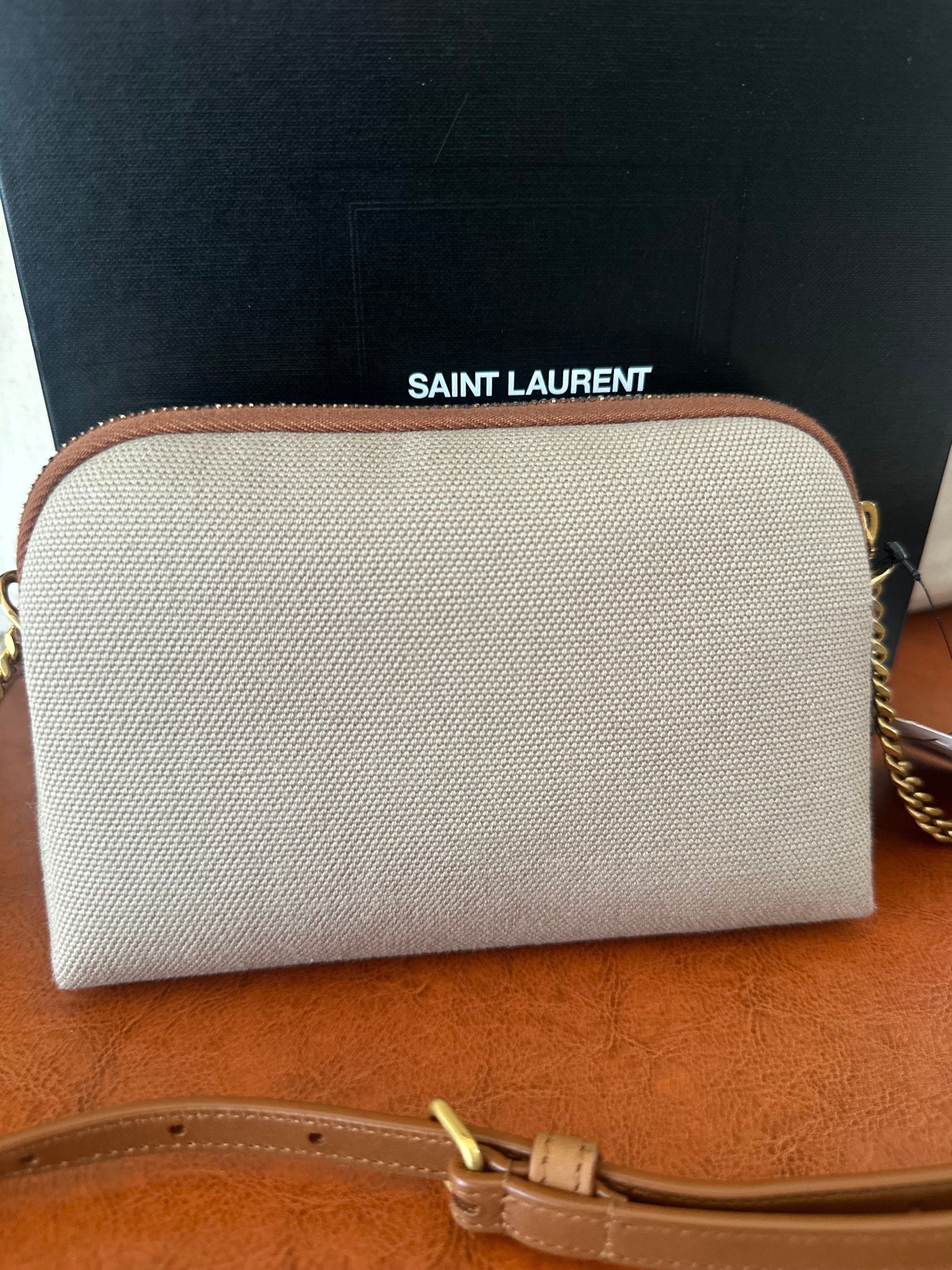 SAINT LAURENT Gaby Camera Bag – Canvas & Tan Leather – Gold Hardware – Brand New