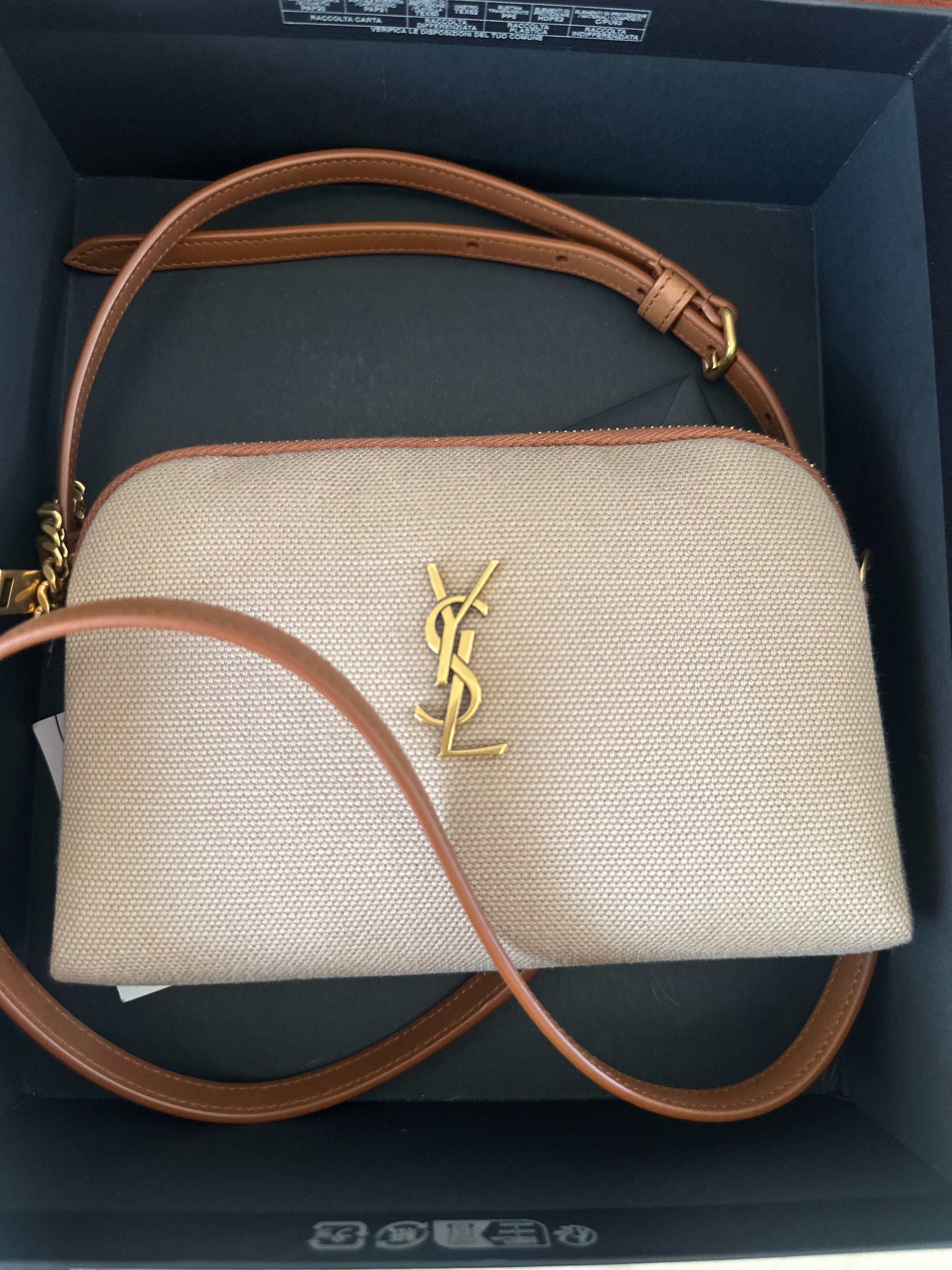 SAINT LAURENT Gaby Camera Bag – Canvas & Tan Leather – Gold Hardware – Brand New