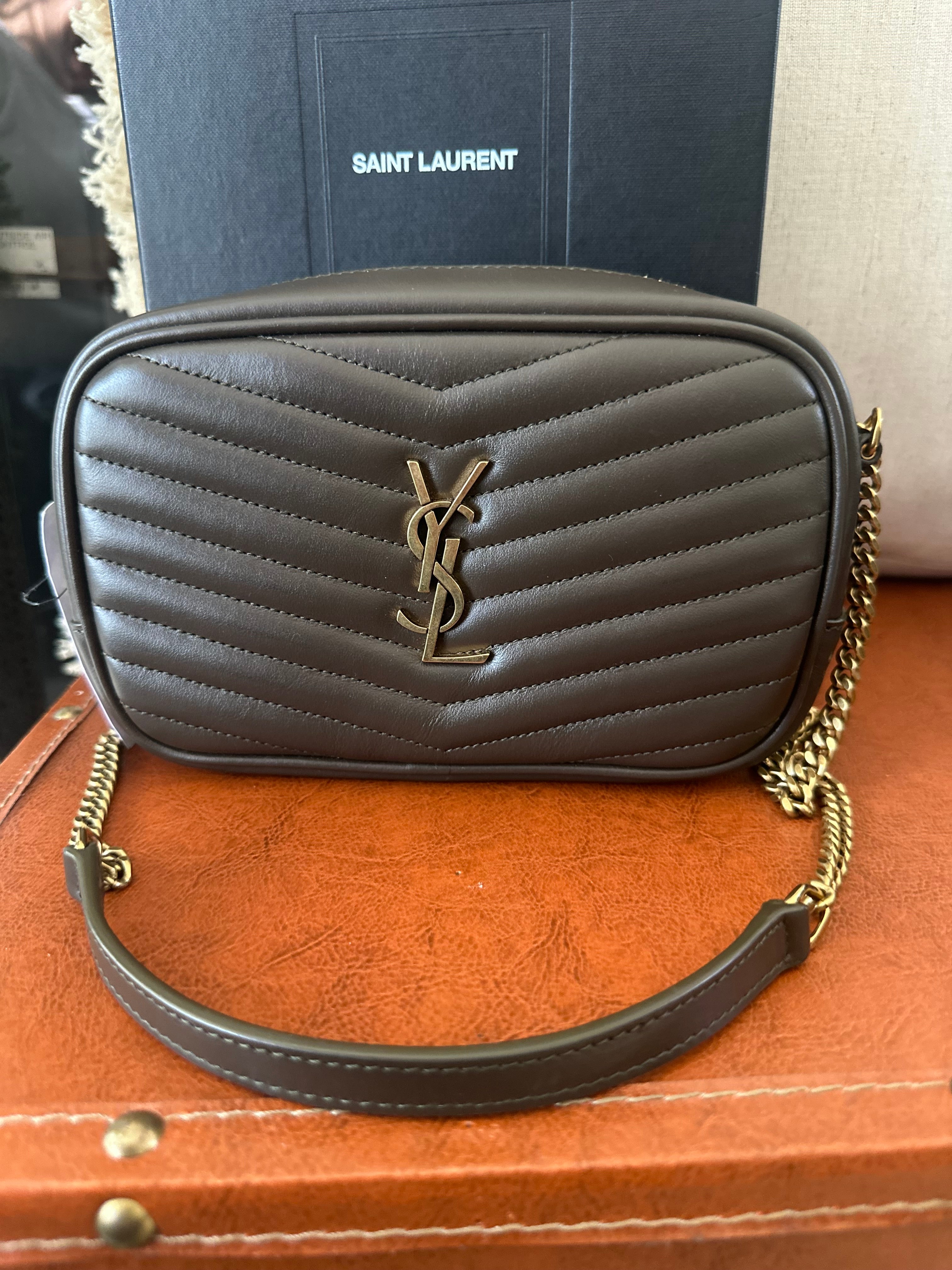 SAINT LAURENT Calfskin Matelassé Monogram Mini Lou Camera Bag – Greyish Brown – Gold Hardware – Brand New