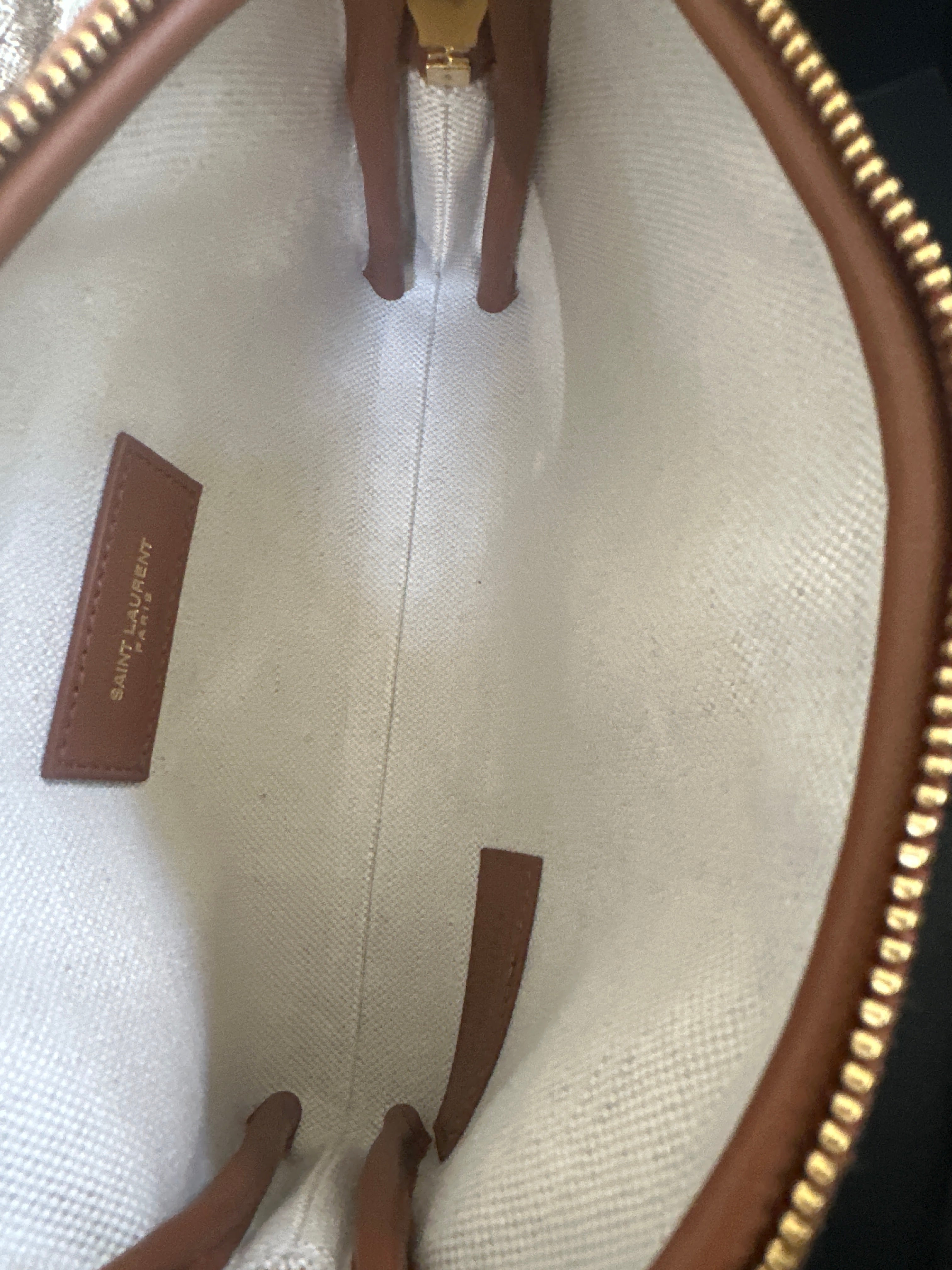 SAINT LAURENT Gaby Camera Bag – Canvas & Tan Leather – Gold Hardware – Brand New