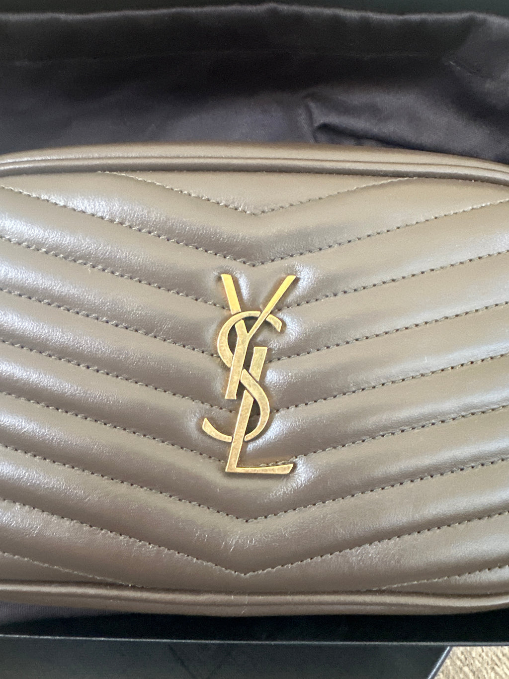 SAINT LAURENT Calfskin Matelassé Monogram Mini Lou Camera Bag – Greyish Brown – Gold Hardware – Brand New