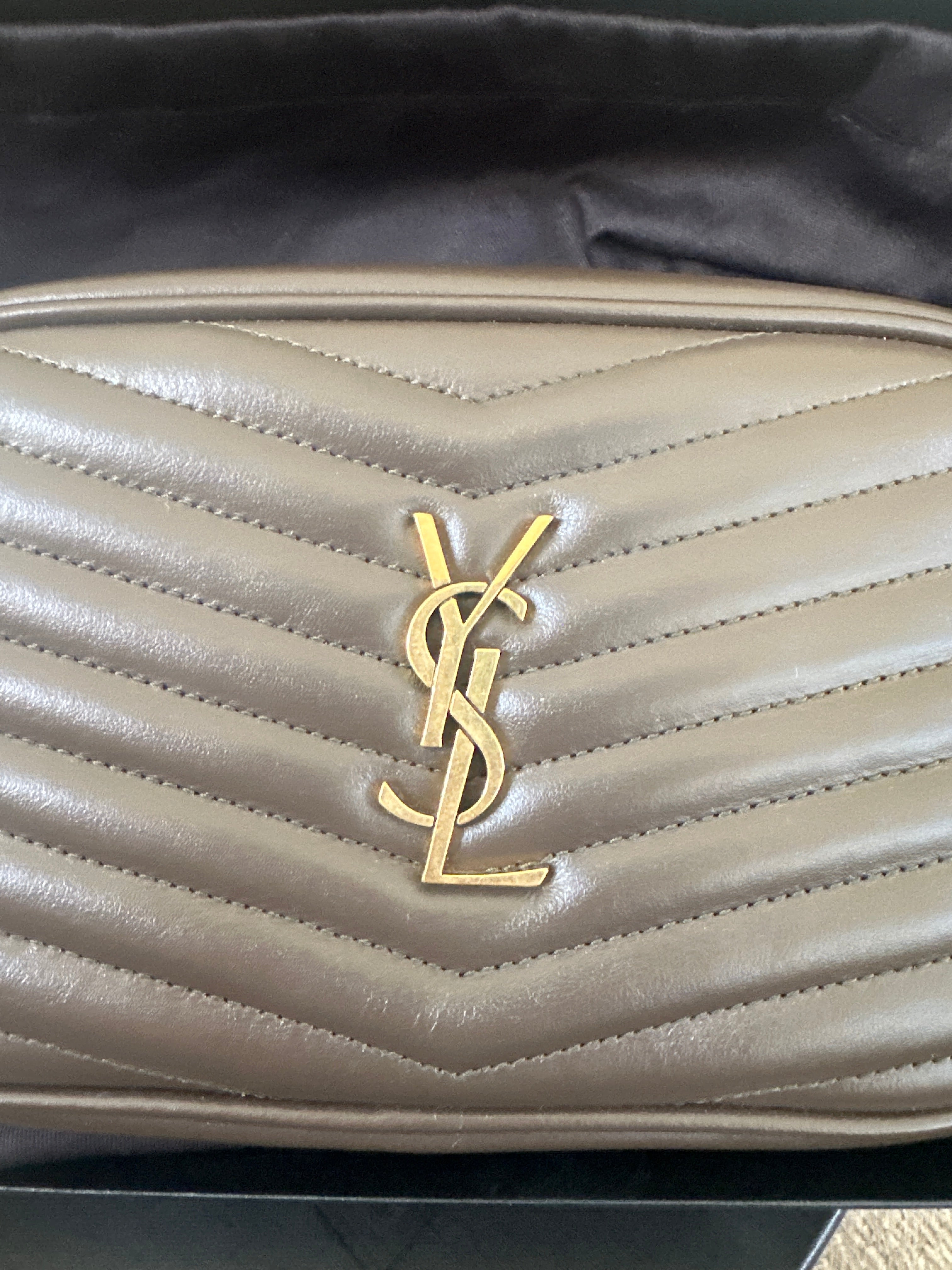 SAINT LAURENT Calfskin Matelassé Monogram Mini Lou Camera Bag – Greyish Brown – Gold Hardware – Brand New