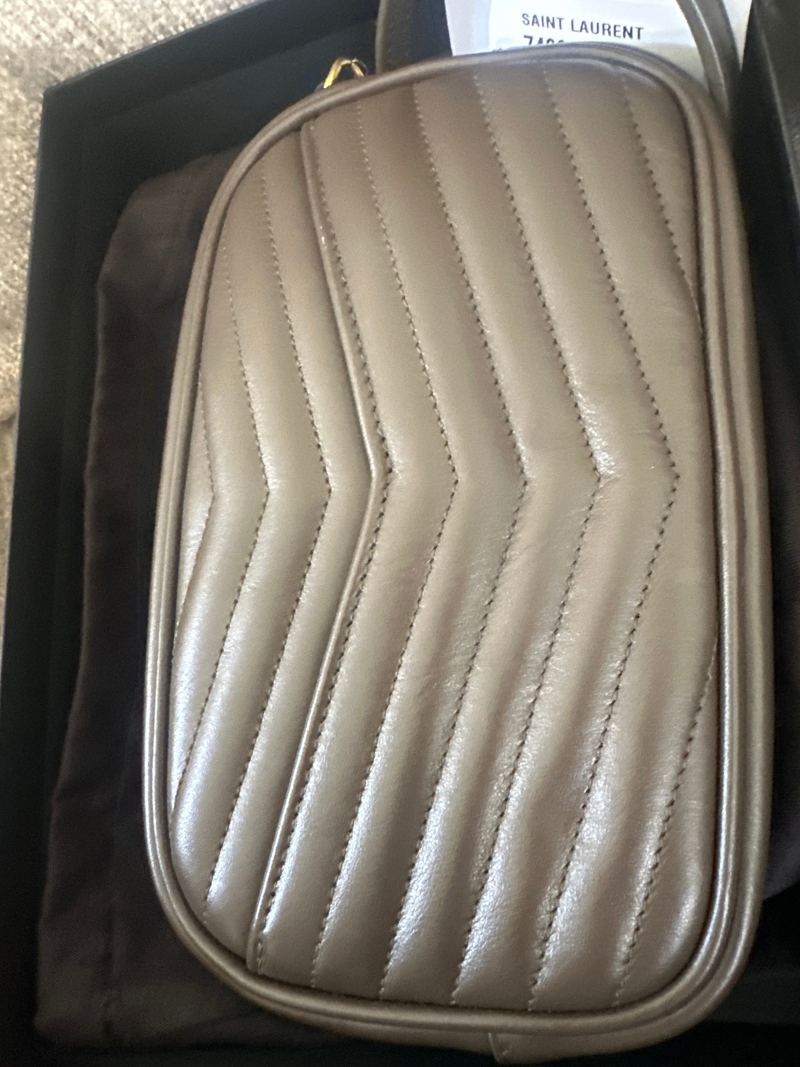 SAINT LAURENT Calfskin Matelassé Monogram Mini Lou Camera Bag – Greyish Brown – Gold Hardware – Brand New