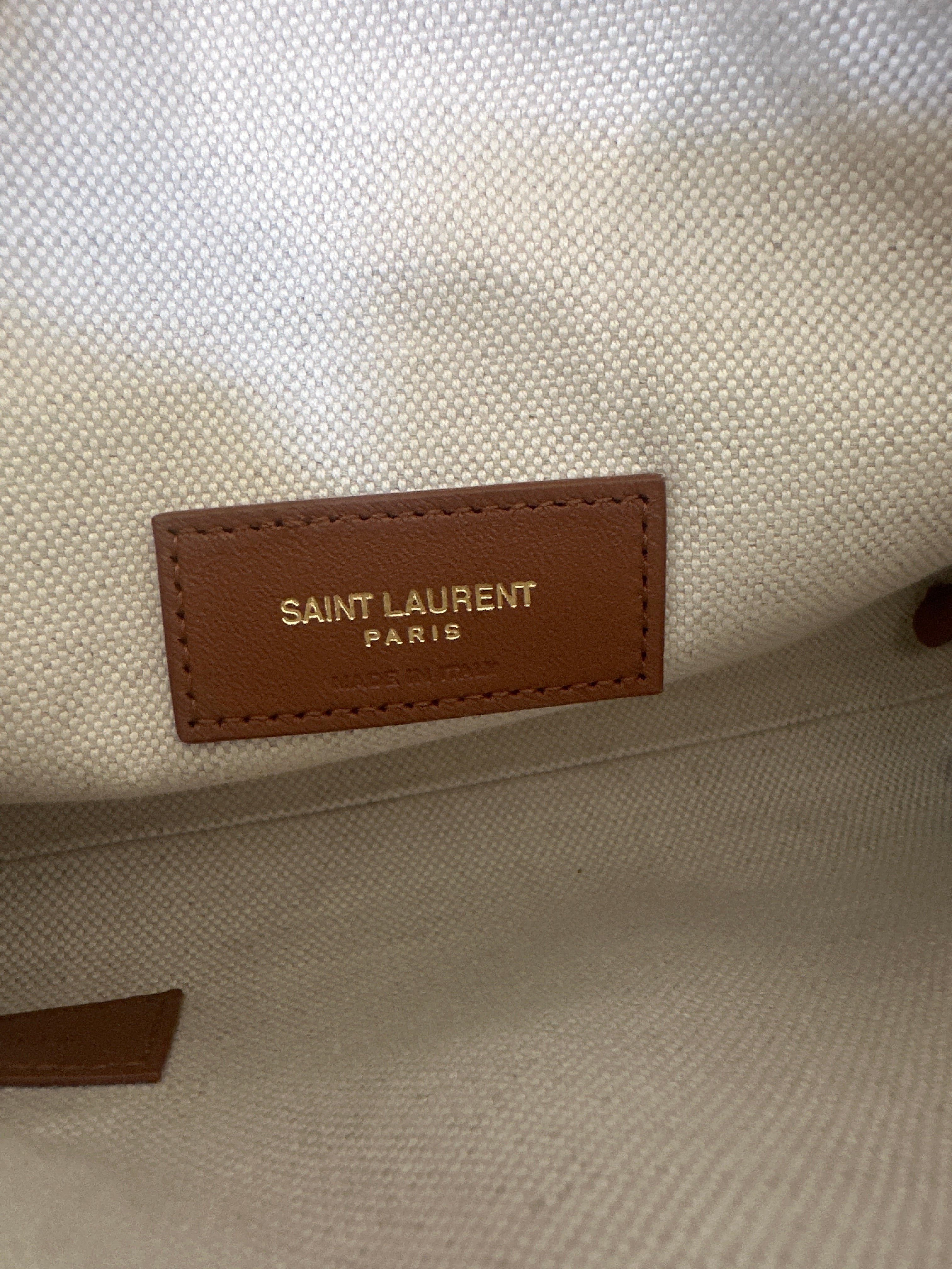 SAINT LAURENT Gaby Camera Bag – Canvas & Tan Leather – Gold Hardware – Brand New