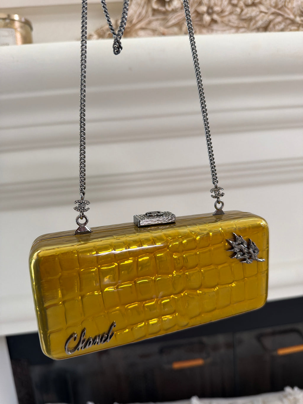 CHANEL Yellow Croc-Embossed Evening Box Bag✨