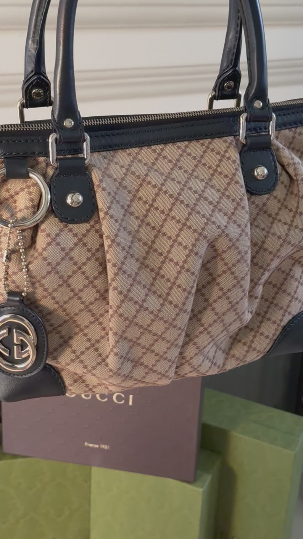 Gucci GG Canvas Shoulder Bag Black Leather Trim Gold Hardware