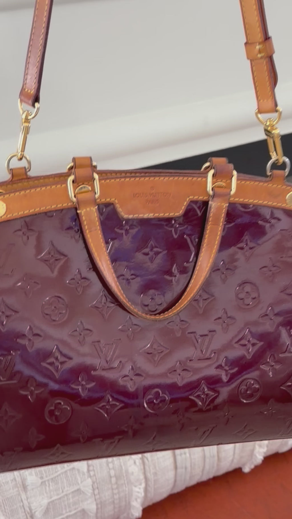Louis Vuitton Vernis Brea MM Amarante Patent Leather Satchel | LV Monogram Vernis Shoulder Bag